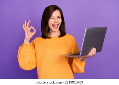 Portrait photo of young successful business lady wear yellow sweater showing okey sign blink eye hold netbook good job isolated on violet color background - Shutterstock ID 2213010983