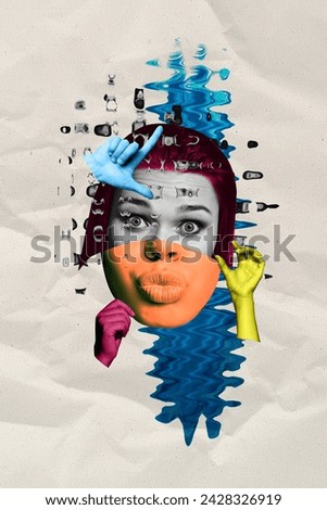Portrait picture collage contemporary art of young woman joke foolish holding half face mask plump lips mocking isolated on gray background