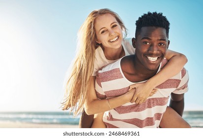 Portrait, piggy back and beach with couple, love and sunshine with happiness, interracial and romance. Face, seaside and man carrying woman with vacation, adventure and summer with honeymoon or smile - Powered by Shutterstock