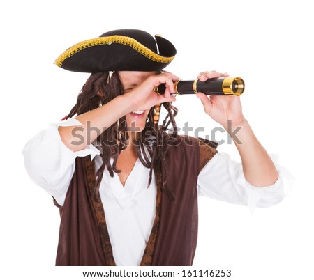 Portrait Of A Pirate Holding Telescope Over White Background