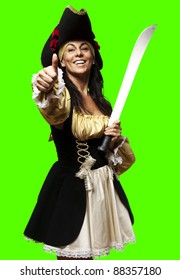 portrait of pirate woman holding sword against a removable chroma key background