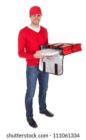 Portrait Of Pizza Delivery Boy With Thermal Bag. Isolated On White