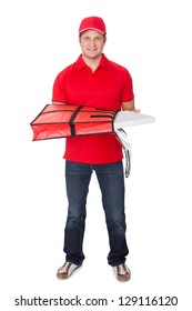 Portrait Of Pizza Delivery Guy. Isolated On White Background