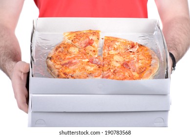 Portrait Of Pizza Delivery Guy. Isolated On White Background