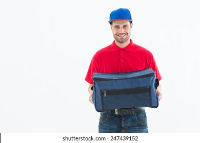 Portrait Of Pizza Delivery Man Holding Bag On White Background