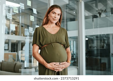 Portrait, planning and a pregnant business woman in her office at the start of her maternity leave from work. Company, belly and pregnancy with a confident young employee as a mom in the workplace