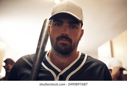 Portrait, player or man with bat for baseball game, competition and preparation in locker room. Sports, professional career and serious athlete for match, walking and ready for fitness goals for team - Powered by Shutterstock