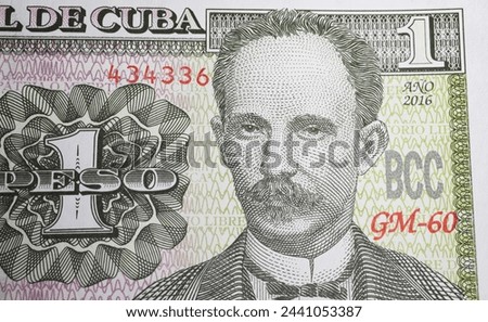 Portrait of Poet, writer, philosopher, nationalist leader Jose Marti on Cuba 1 Peso currency banknote (focus on center)