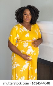 Portrait of a poised elegant pregnant woman holding.