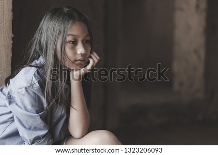  Portrait of a poor little thailand girl lost in deep thoughts, poverty, Poor children, War refugees