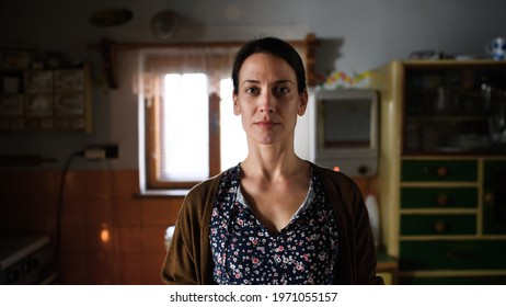 Portrait Of Poor Mature Woman Indoors At Home, Poverty Concept.