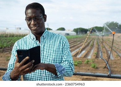 Portrait of positive african-american man agriculturist using smartphone on vegetable plantation. - Powered by Shutterstock