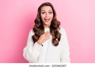 Portrait of positive astonished person hand touch chest open mouth isolated on pink color background - Shutterstock ID 2253465307