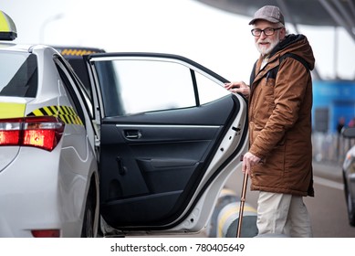 Portrait of positive bearded old man in glasses is going to sit into the car. He is opening door of taxi and looking at camera with smile. Copy space in the right side