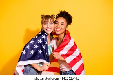 Portrait Positive Cheerful Content Millennial Cover Flag National July Liberty Patriot Beautiful Wavy Curly Top Knot Bun Trendy Stylish T-shirt Jeans Trip Summer Abroad Isolated Yellow Background