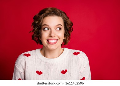 Portrait Of Positive Cheerful Excited Girl Look Copyspace Wait For Incredible 14-february Date Cupid Surprise Wear White Stylish Jumper Isolated Over Shine Color Background