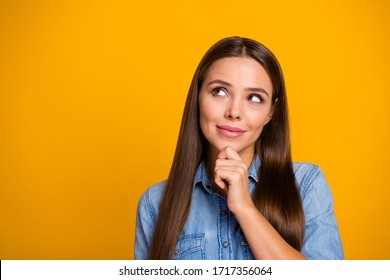 Portrait of positive cheerful girl look copyspace think thoughts about perfect weekend touch chin hands wear casual style clothing isolated over bright color background - Shutterstock ID 1717356064