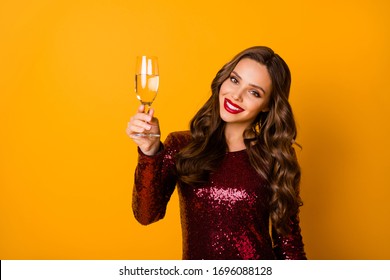 Portrait Of Positive Cheerful Nice Stunning Girl Give Toast Raise Glass Champagne Enjoy Prom Party Wear Good Look Clothes Isolated Over Bright Shine Color Background