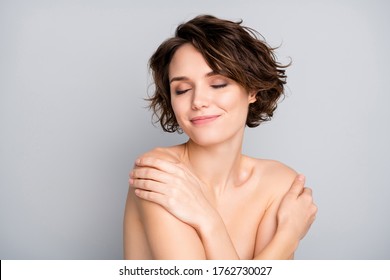 Portrait Of Positive Cheerful Pretty Girl Touch Her Body Have Shower Enjoy New Rejuvenation Soft Perfect Ideal Balm Cream Isolated Over Gray Color Background