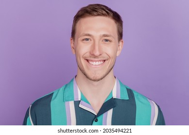 Portrait Of Positive Cherful Nice Attractive Guy Toothy Beaming Smile On Violet Background