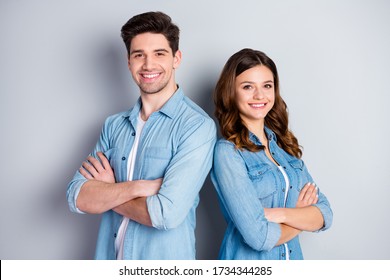 Portrait of positive independent student man woman cross hands back-to-back ready decide professional decisions wear casual style clothes isolated over grey color background