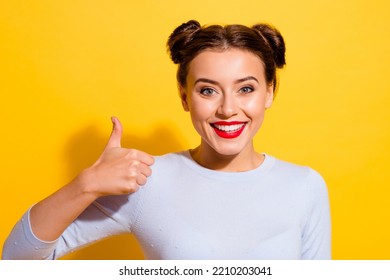 Portrait of positive lady promoter make thumb up symbol great offer promo sale isolated shine color background - Shutterstock ID 2210203041
