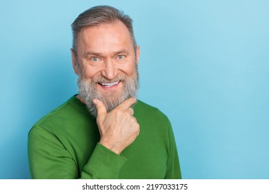 Portrait Of Positive Middle Aged Man Enjoy Clean Clear Beard Treatment Beauty Salon Isolated Blue Color Background