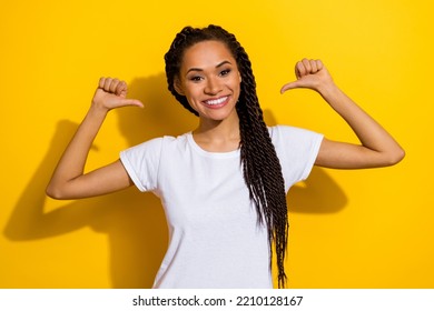 Portrait Of Positive Nice Lady Point Thumb Fingers Self Myself Beaming Smile Isolated On Yellow Color Background