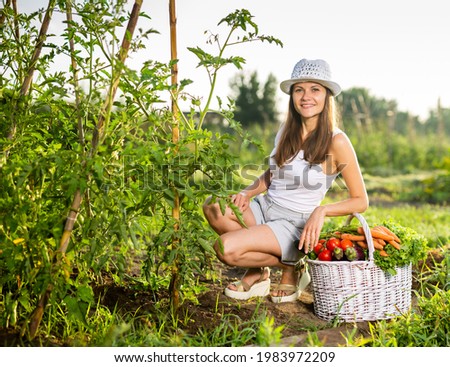 Portrait of positive slim woman with basket of ripe vegetables on sunny day in the summer garden