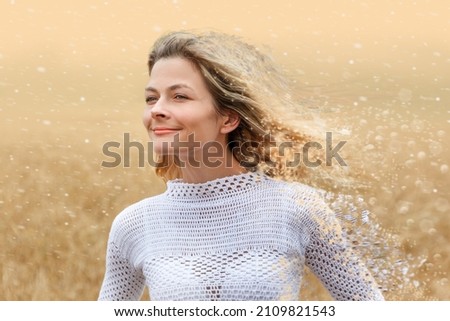 portrait poster in pin-up style of a woman aspiring in motion on a neutral disintegrating background