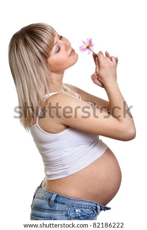 Portrait of pregnant woman with flower isolated on white background
