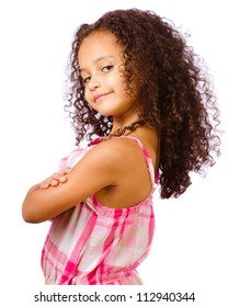 Portrait Of Pretty African-American Mixed Race Child Against White Background