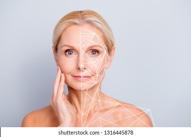 Portrait pretty attractive charming naked nude she her woman touching her  perfect skin after peeling lotion mask hydration highlighted facial parts lines sketch vector isolated grey background