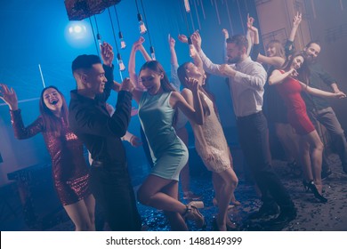 Portrait pretty content people youth millennial hold hand couple having fun funny carefree amusement ballroom formal wear formalwear indoors discotheque - Powered by Shutterstock