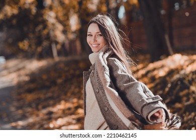 Portrait Of Pretty Cute Girlfriend Adorable Lady Dressed Comfortable Cozy Scarf Enjoy Sunny Day Move Ahead Forest Outdoors