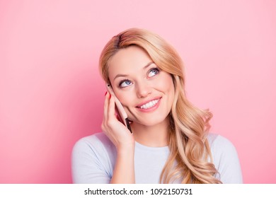 Portrait Of Pretty Freelancer, Charming Girlfriend, Nice Student, Friendly Carefree Girl Using Cell Smart Phone Speaking With Lover, Parents, Friend Isolated On Pink Background