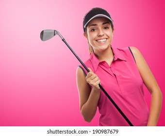 portrait of pretty girl holding a golf stick
