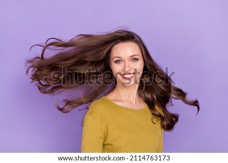 Portrait of pretty positive person beaming smile good mood look camera isolated on violet color background