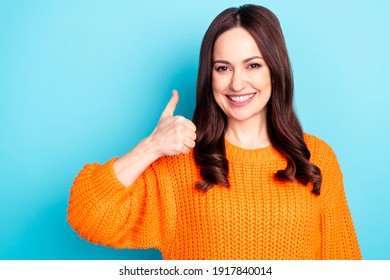 Portrait Of Pretty Positive Person Show Thumb Up Toothy Smile Look Camera Isolated On Blue Color Background