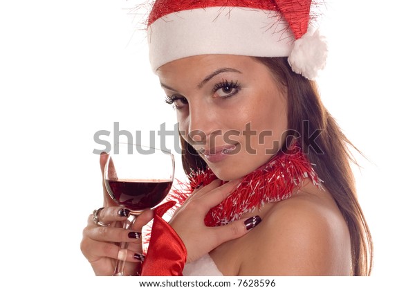 Portrait Pretty Santa Girl Drinking Red Stock Photo Edit Now 7628596