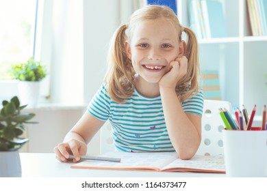 Portrait Pretty Schoolgirl Classroom Writing Table Stock Photo ...