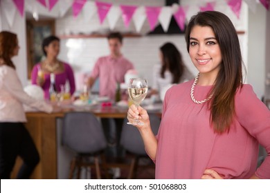 Portrait Of Pretty Single Woman Master Of Ceremonies At A Social Party Holiday Decoration Pink