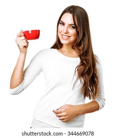 Portrait Of Pretty Woman With Cup Of Coffee Isolated On White Background