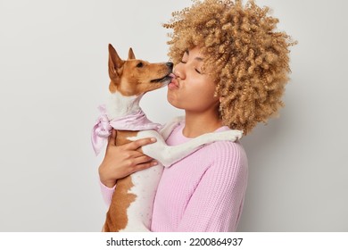 Portrait of pretty woman poses with cute dog licking her face has fun with pet being best friends spend time together pose indoor against grey background. Display of affection and true friendship - Shutterstock ID 2200864937