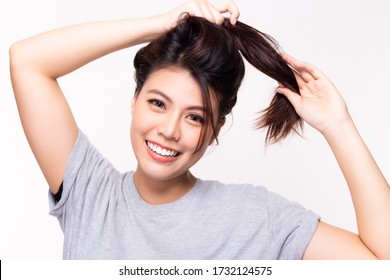 Portrait Pretty Young Asian Woman With Long Hair Healthy And Strong With Happiness, Smiley Face. Young Female Has Straight Long Hair. Attractive Beautiful Girl Want Treatment, Spa Of Her Hair