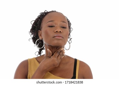 
Portrait Pretty Young Black African American Woman Having A Sore Throat Symptom On White Isolated Studio Background