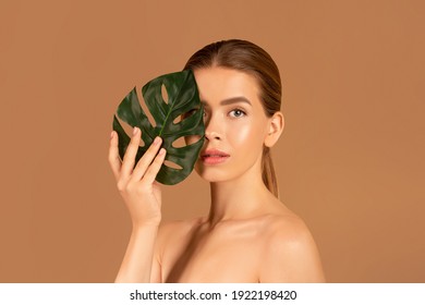 Portrait of pretty young woman with smooth skin and nude makeup closing her eye with monstera leaf on brown studio background. Attractive lady hiding behind tropical plant. Skincare and beauty concept