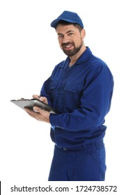 Portrait of professional auto mechanic with clipboard on white background