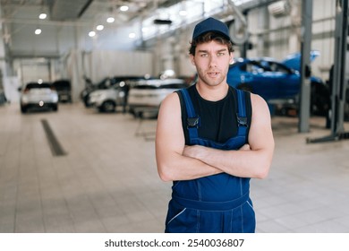 Portrait of professional confident auto mechanic worker standing at mechanic workshop with arms crossed and looking at camera with serious expression. Handsome repairman posing at repair shop. - Powered by Shutterstock