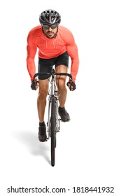 Portrait of a professional cyclist with helmet and sunglasses riding a custom road bicycle towards the camera isolated on white background